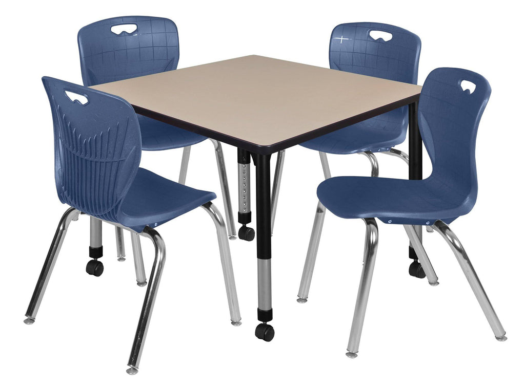Beige Square Height Adjustable Mobile Classroom Table with 4 Navy Blue Stack Chairs B80021