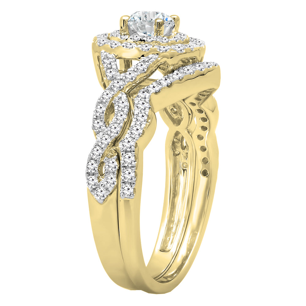 14K Yellow Gold Diamond Halo Engagement Ring Set I852