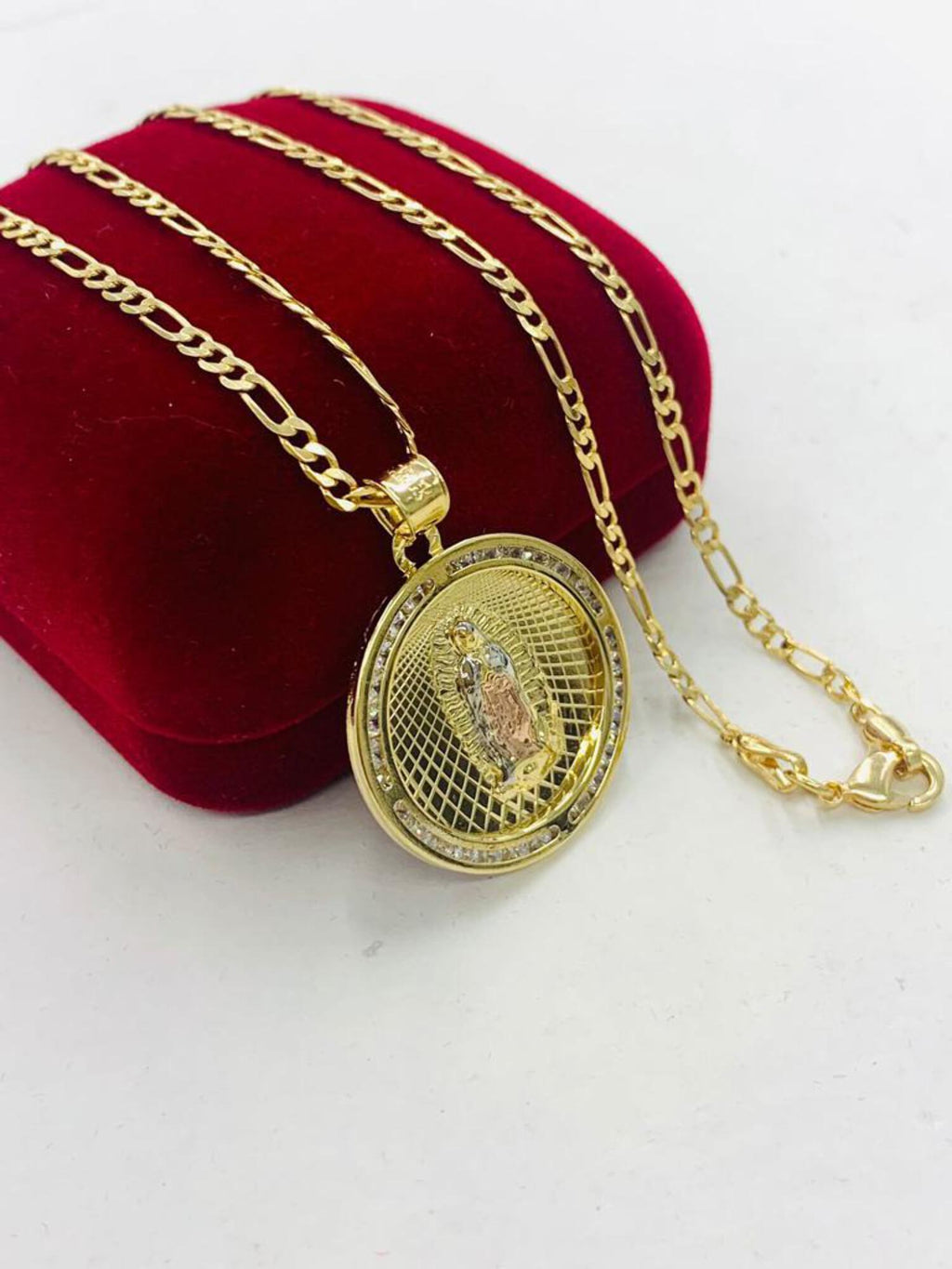 14K Gold Filled Tri Color Virgen de Guadalupe Necklace Figaro Chain N2030