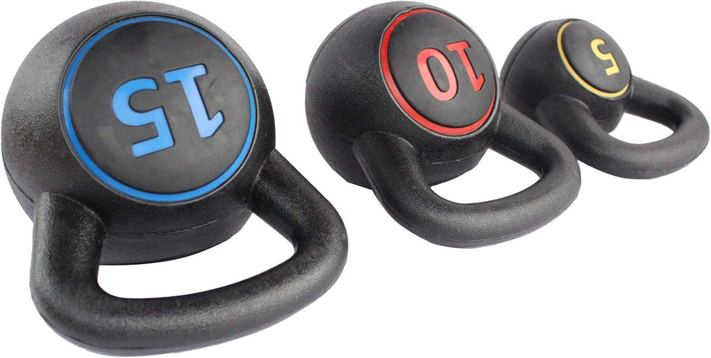 3-Piece Kettlebell Weight Set with 5lb, 10lb, 15lb Weights and Base Rack M5466