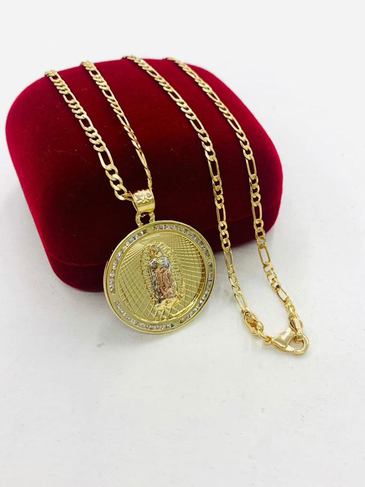 14K Gold Filled Tri Color Virgen de Guadalupe Necklace Figaro Chain N2030
