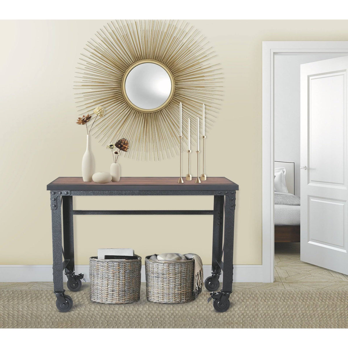 Rolling Industrial Desk with Wooden Top 52 Inches x 24 Inches M5905