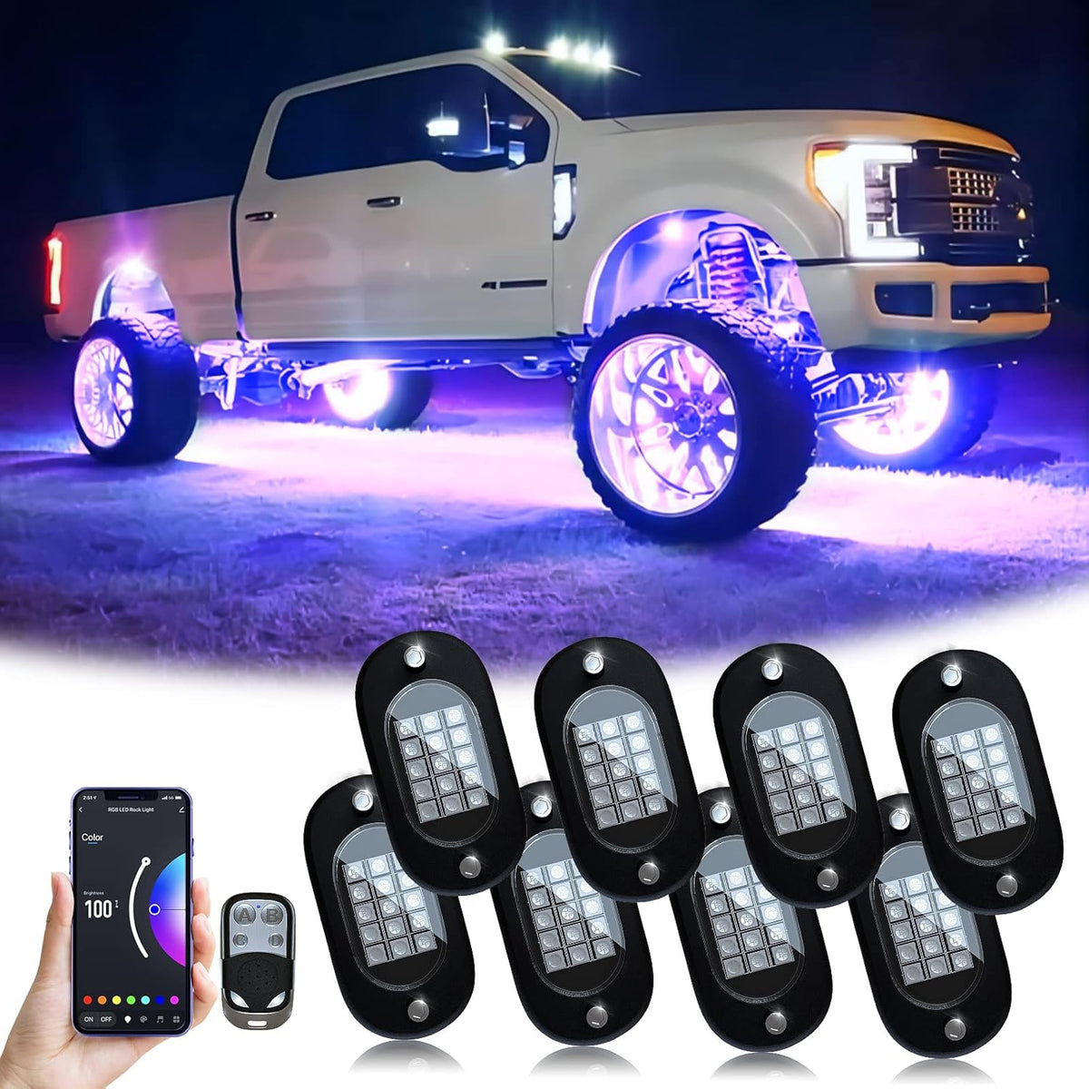8 Pods RGB LED Rock Lights with APP Remote Control Music Mode Waterproof IP68 Y628