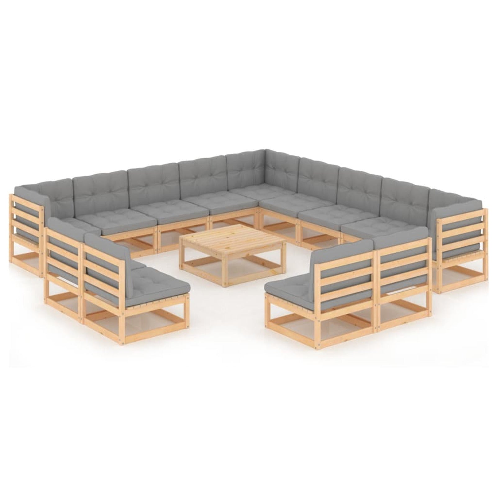 14 Piece Gray Cushioned Pinewood Sectional Outdoor Furniture Set X68741