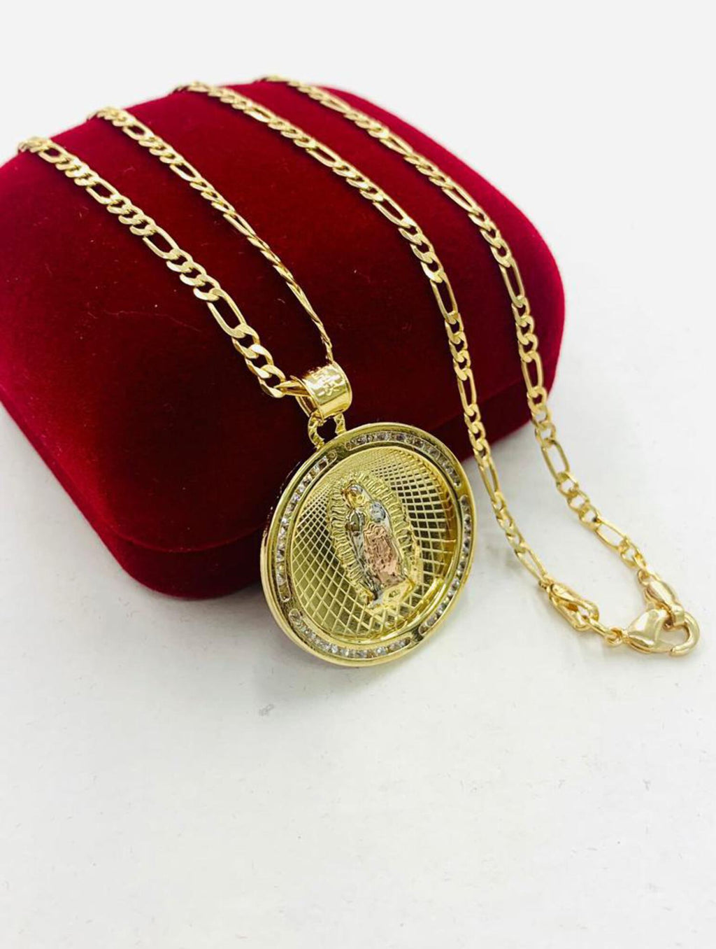 14K Gold Filled Tri Color Virgen de Guadalupe Necklace Figaro Chain N2030
