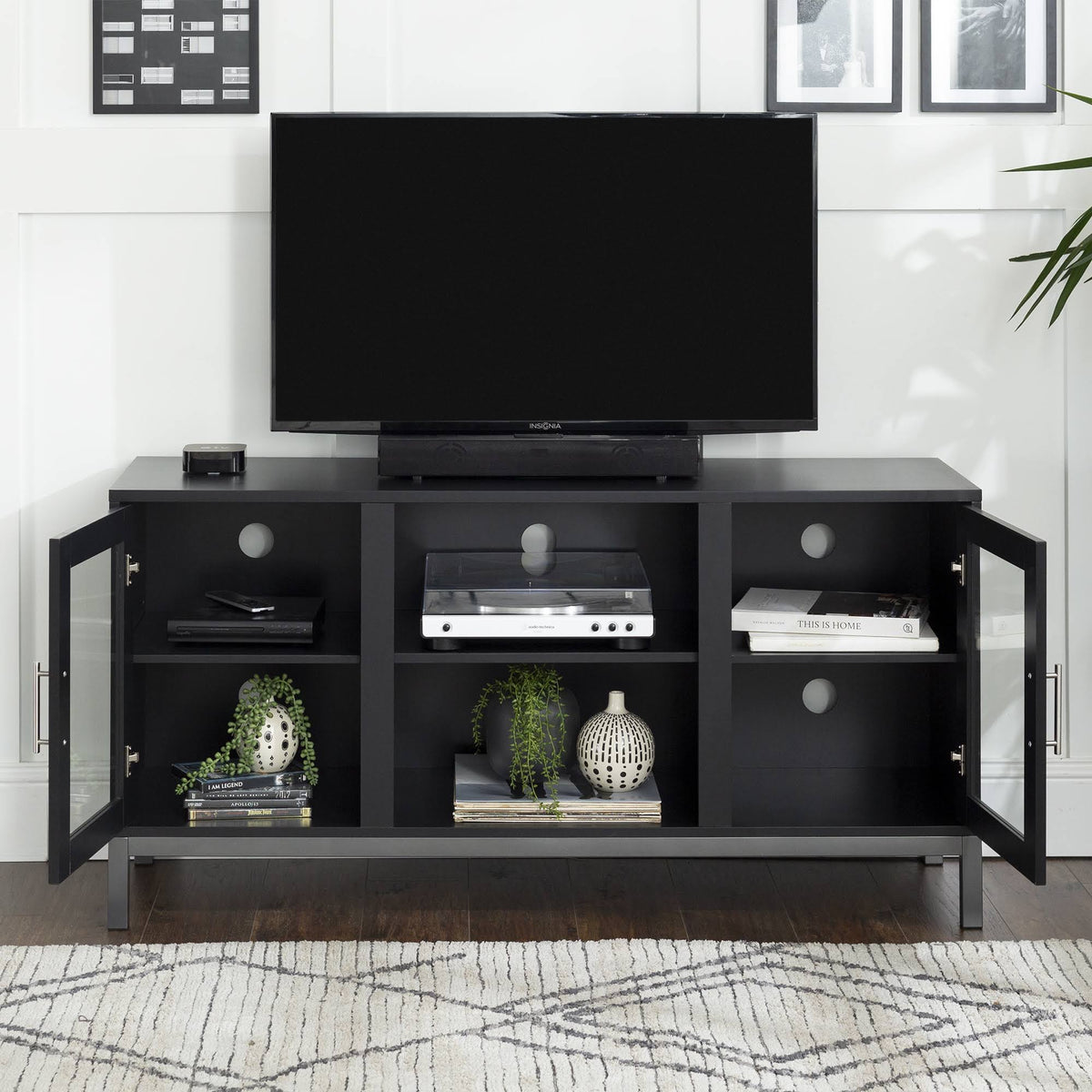 Black Wood Media TV Stand with 2 Storage Cabinets A139