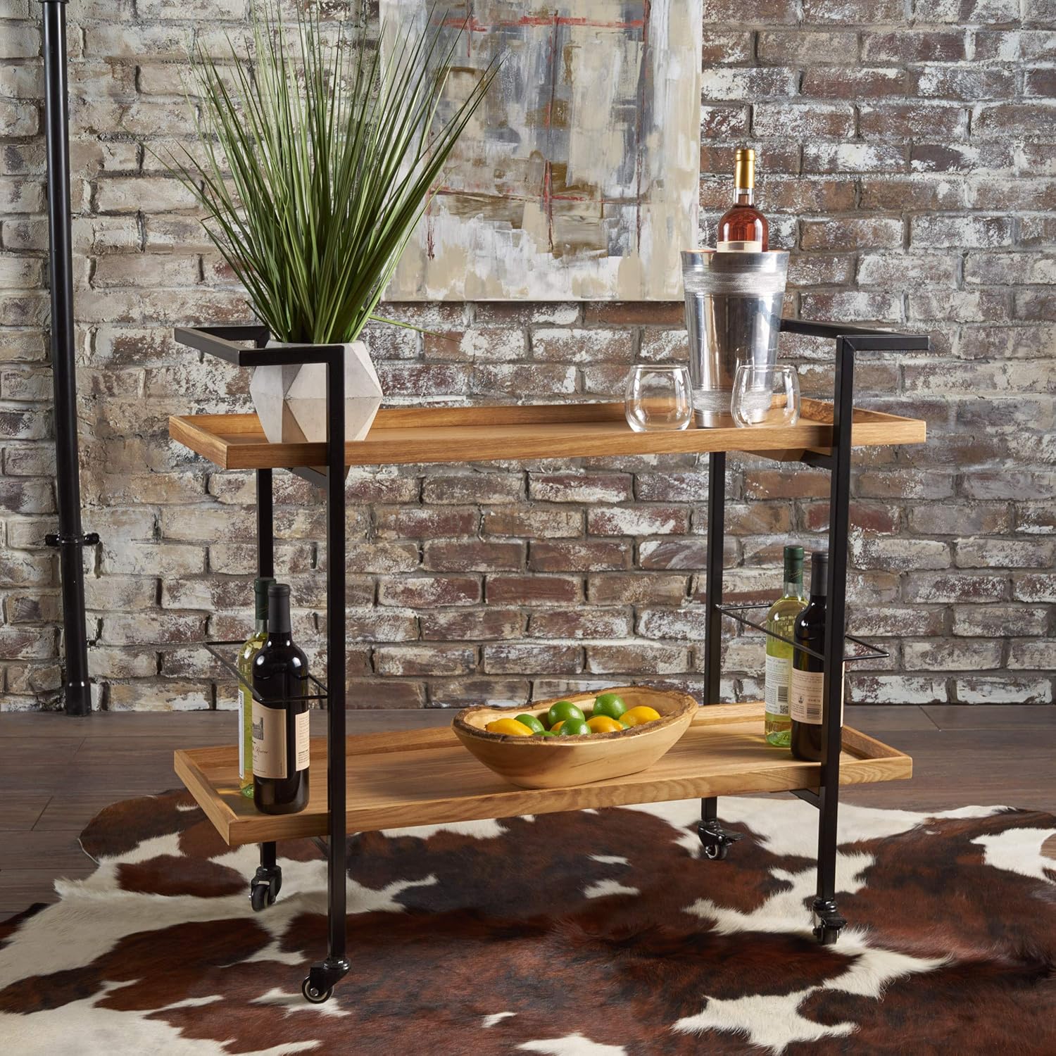 Natural Finish Black Wooden Bar Cart Y360613