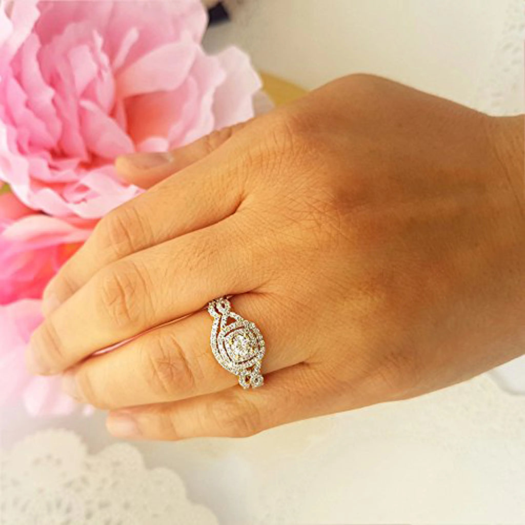 14K Yellow Gold Diamond Halo Engagement Ring Set I852