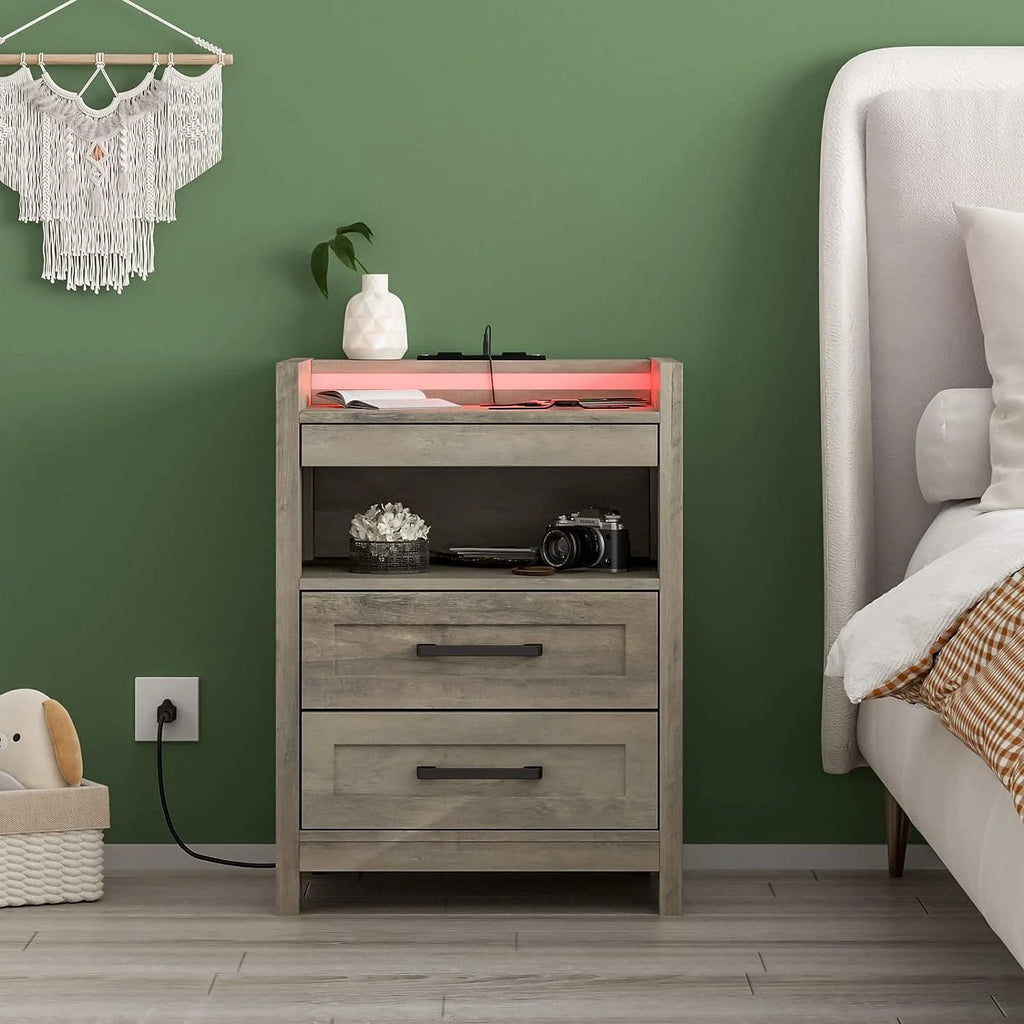 Grey Wood Nightstand with 2 Drawers and Pull-Out Shelf P41313