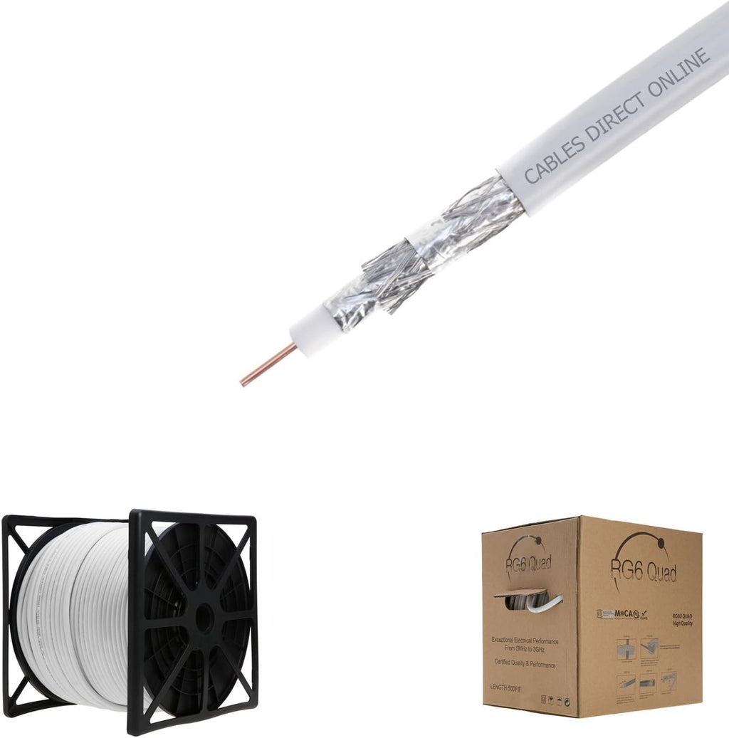 1000FT White RG6 Quad Shielded Coaxial Cable, 18 AWG Copper Clad Steel Conductor, PVC Jacket S425