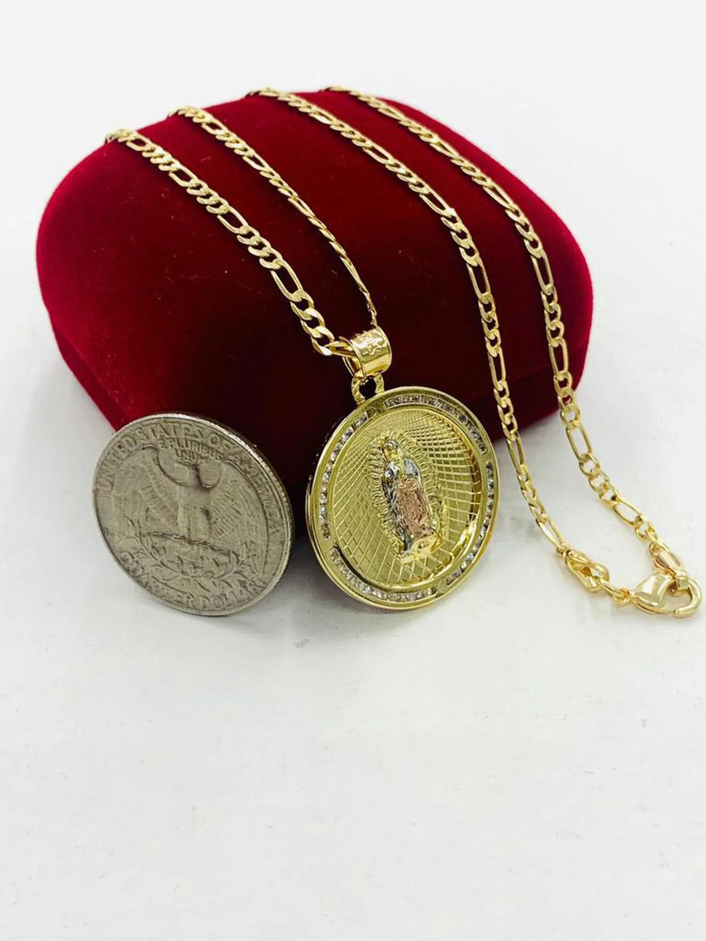 14K Gold Filled Tri Color Virgen de Guadalupe Necklace Figaro Chain N2030