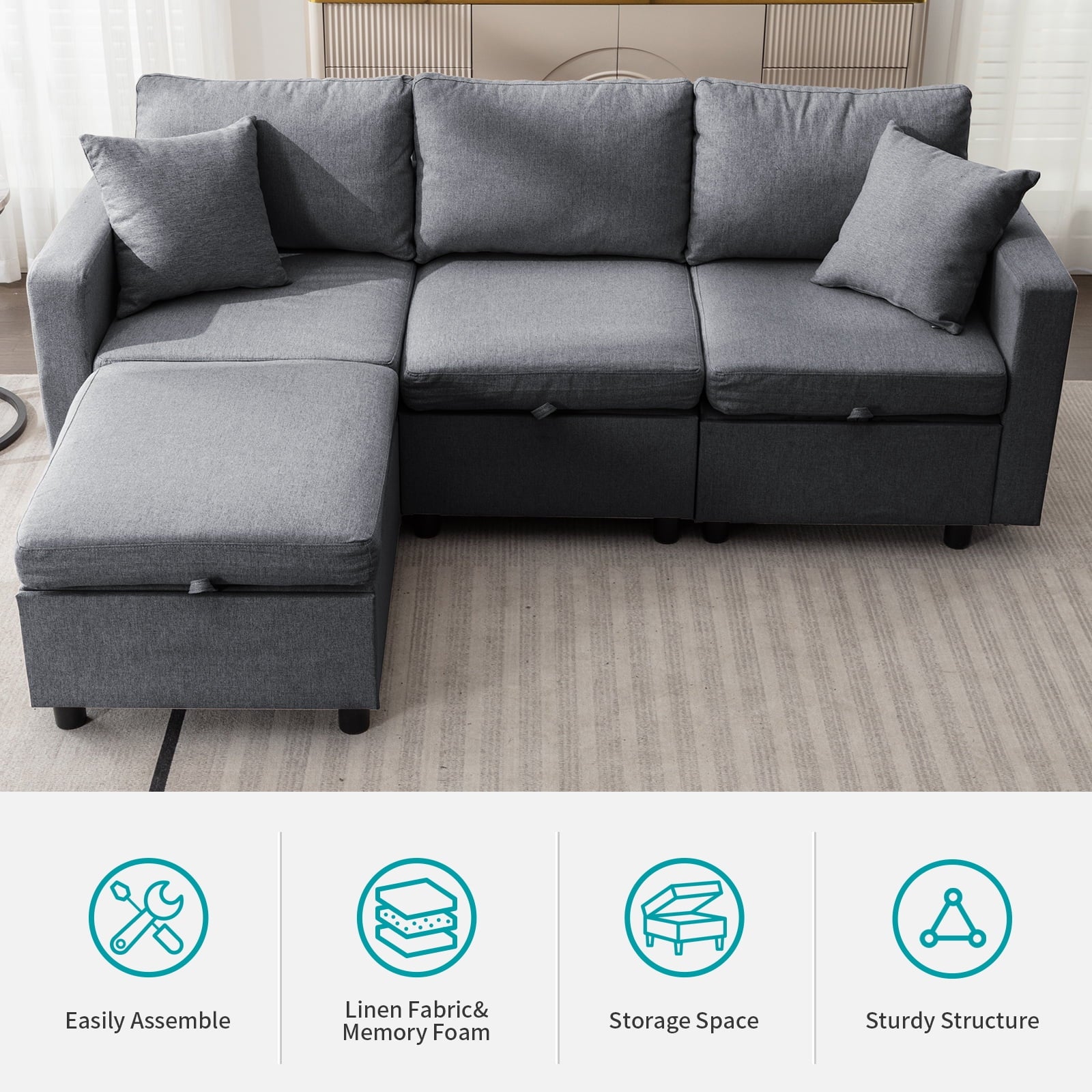 3-Seater Sofa, Loveseat and 1 Ottoman Dark Grey J959785