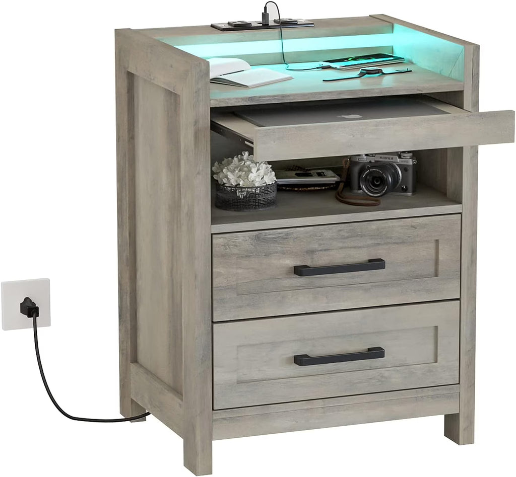 Grey Wood Nightstand with 2 Drawers and Pull-Out Shelf P41313