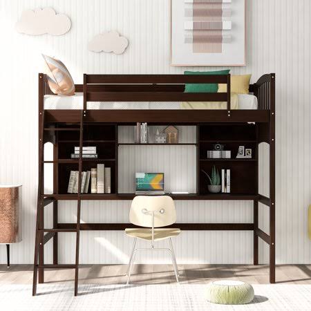Solid Wood Twin-size Loft Bed with Safety Rail, Desk, Storage Shelves and Ladder H61485