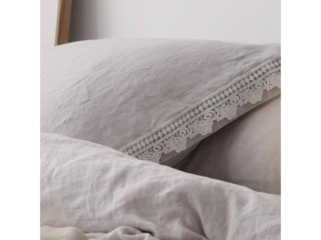 King 3pcs Pure Linen Duvet Cover Set Stone Washed Lace Border Z803419