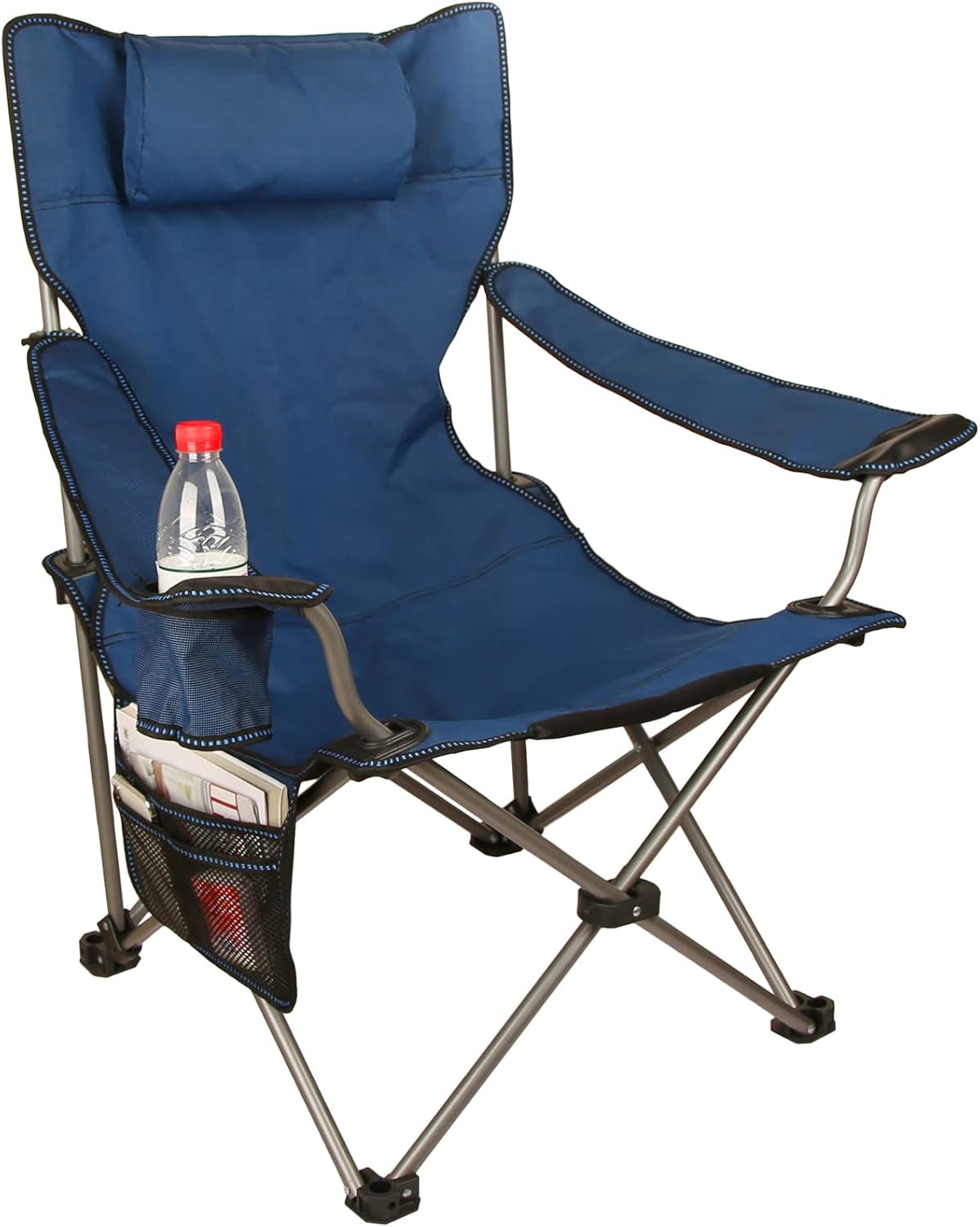 Blue Folding Recliner Camping Chair with Headrest Cup Holders Side Pocket I183825