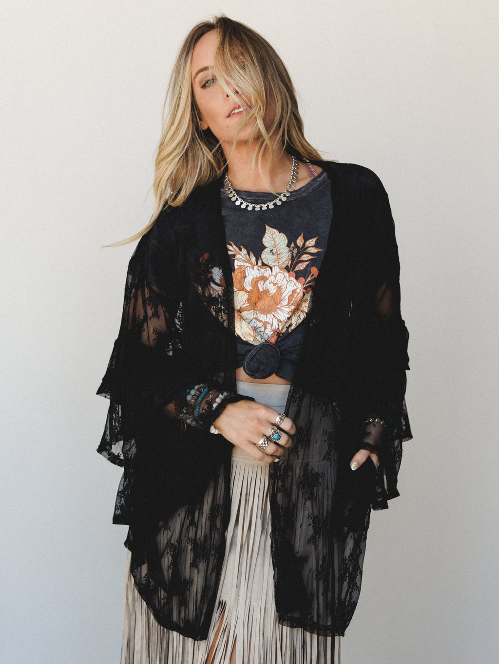 The Nest Floral Lace Dreams Kimono - Black