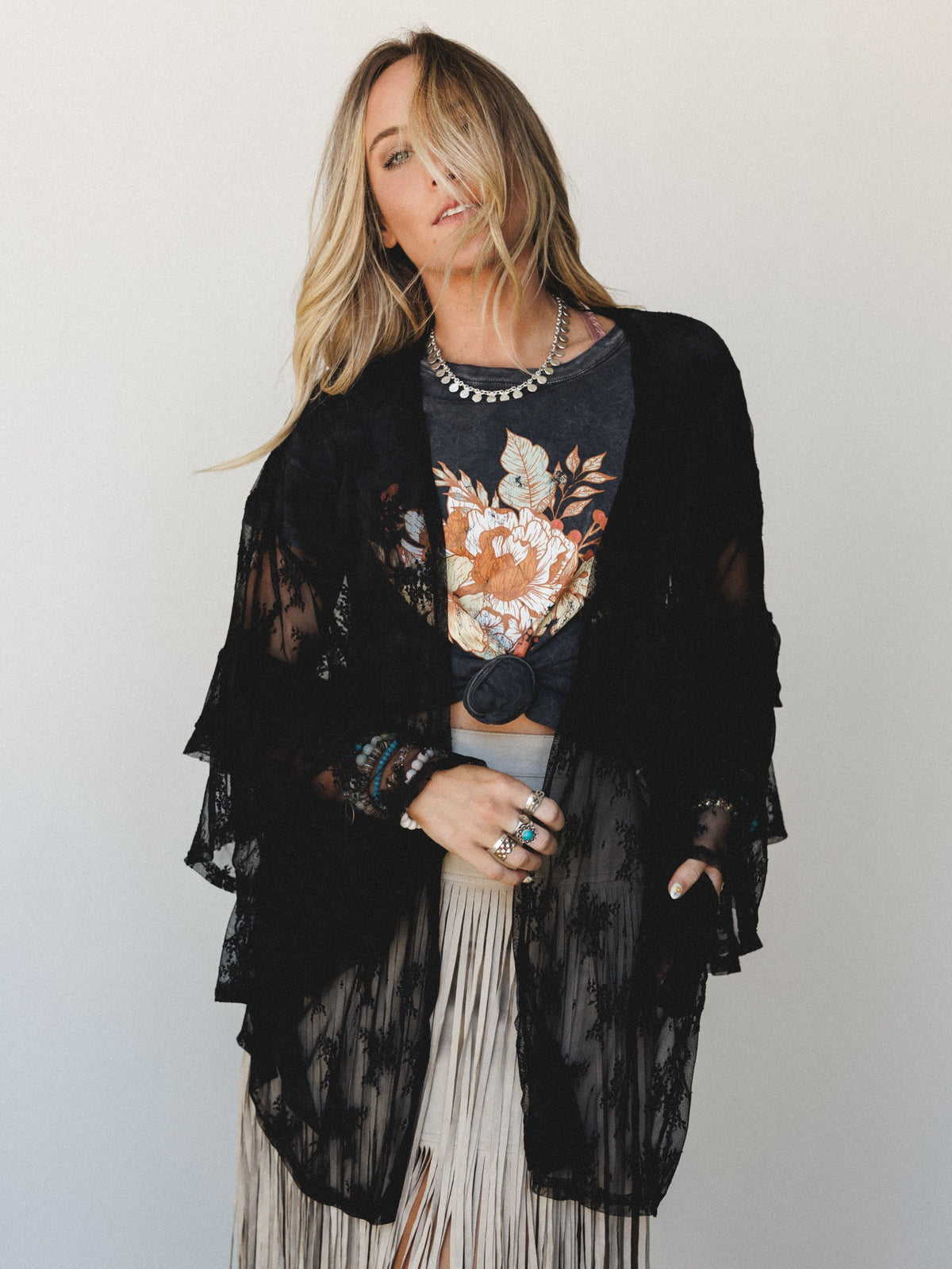 The Nest Floral Lace Dreams Kimono - Black