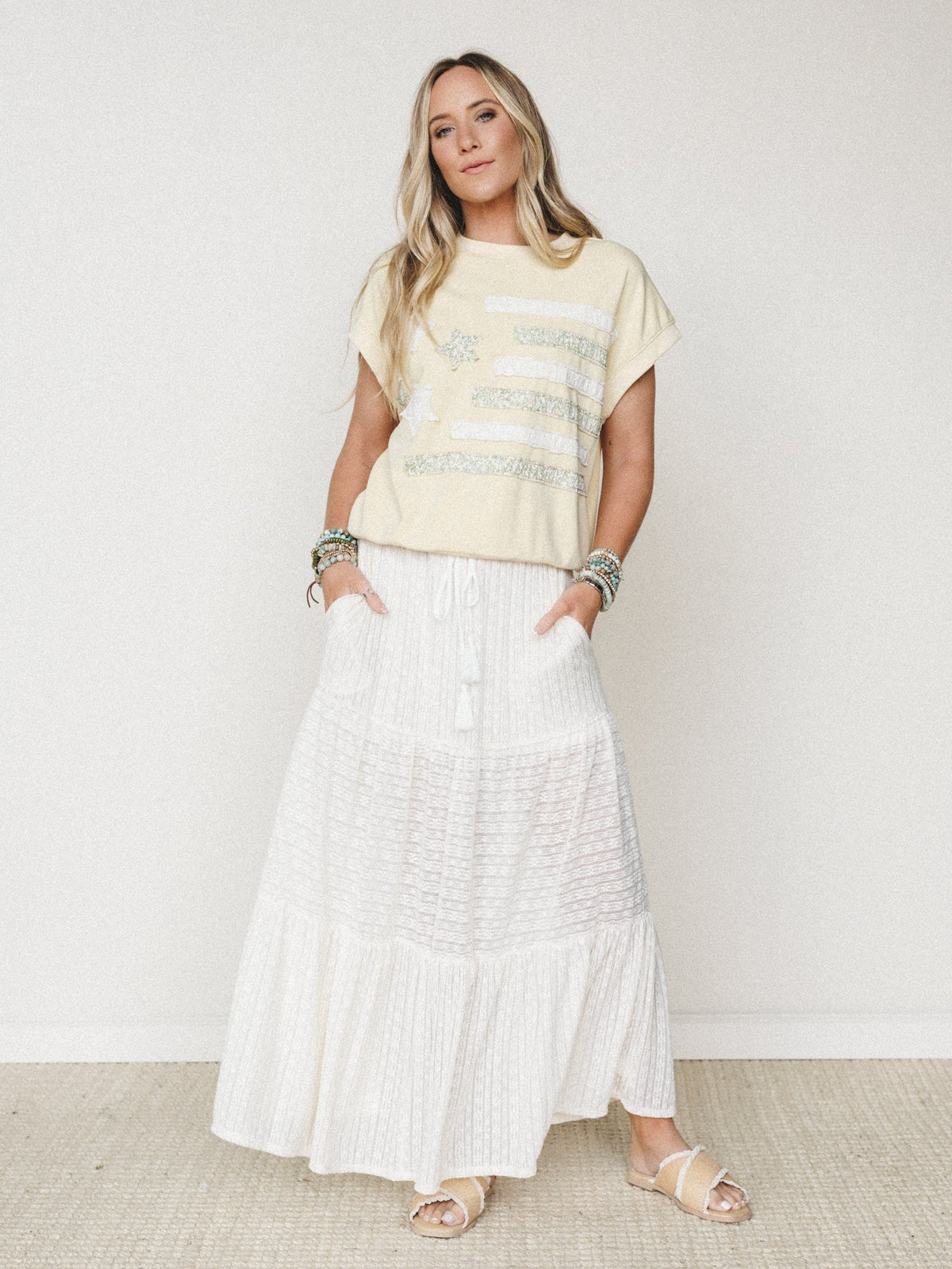 The Nest Golden Drift Tiered Maxi Skirt - Cream