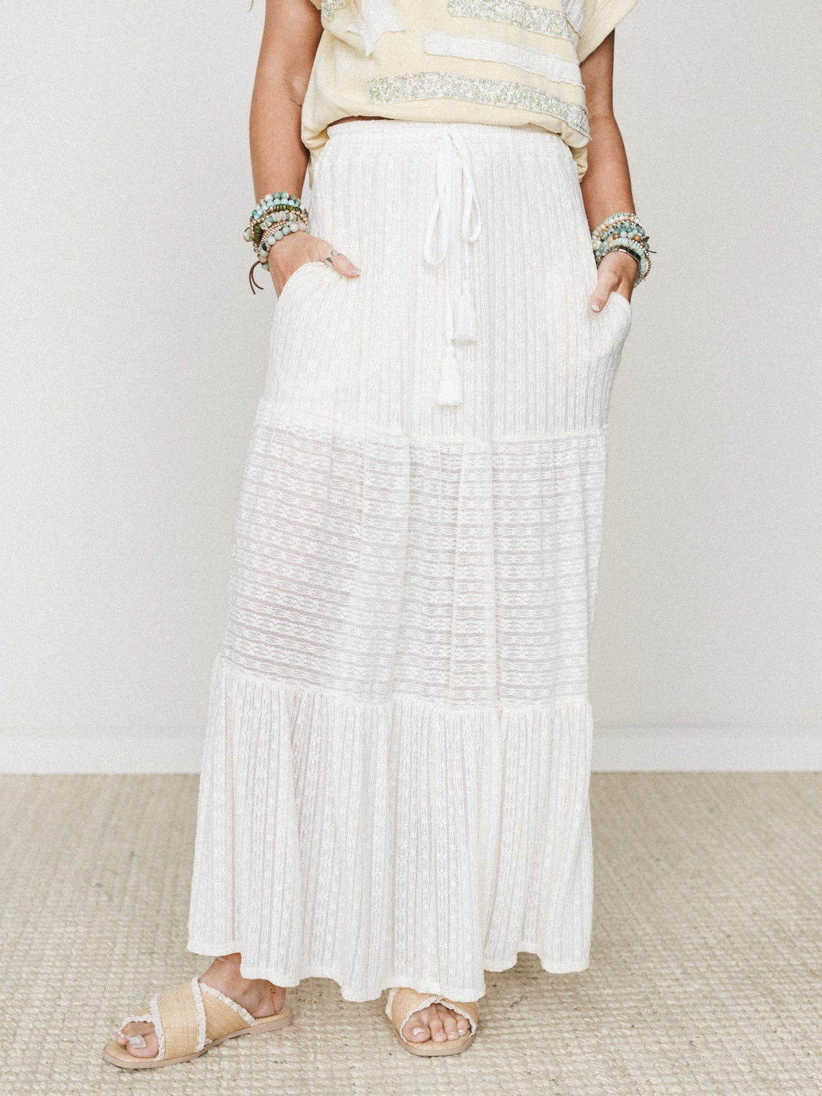 The Nest Golden Drift Tiered Maxi Skirt - Cream