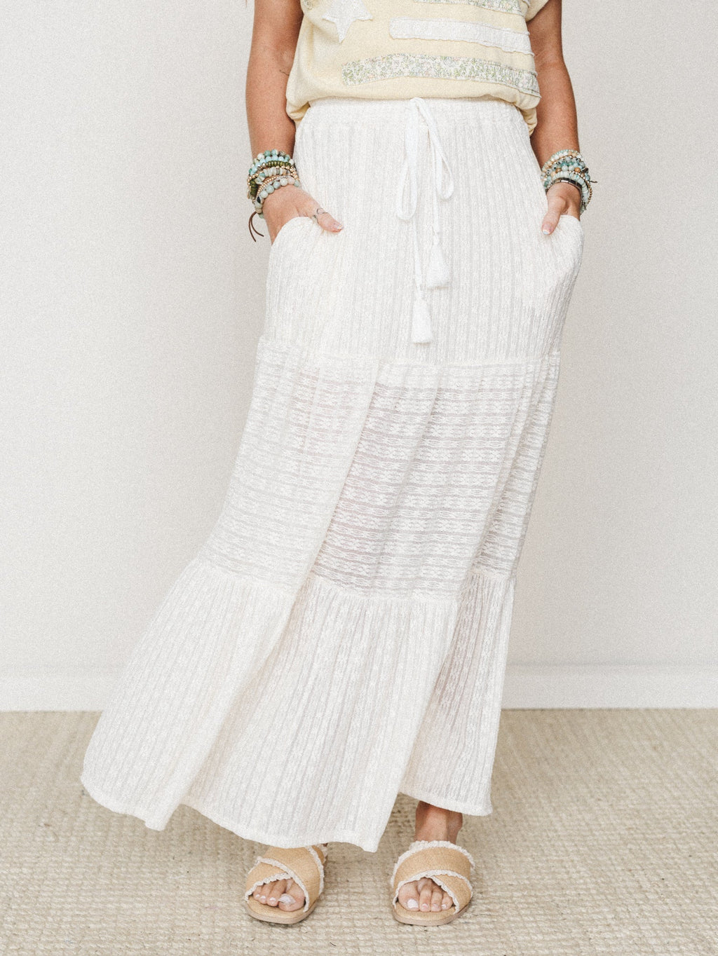 The Nest Golden Drift Tiered Maxi Skirt - Cream