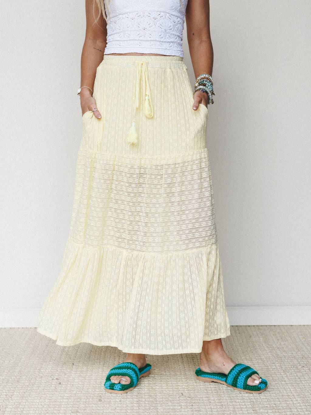 The Nest Golden Drift Tiered Maxi Skirt - Yellow