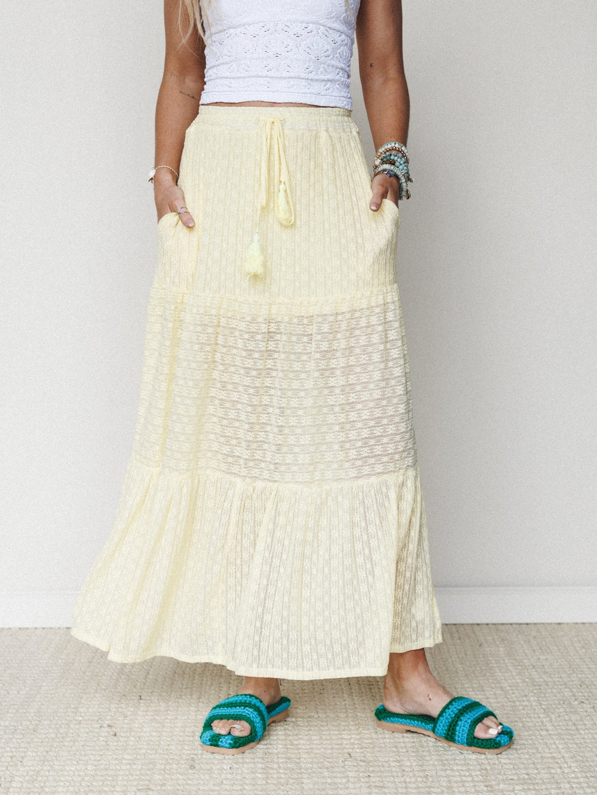 The Nest Golden Drift Tiered Maxi Skirt - Yellow