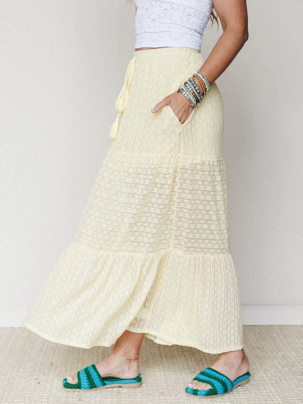 The Nest Golden Drift Tiered Maxi Skirt - Yellow