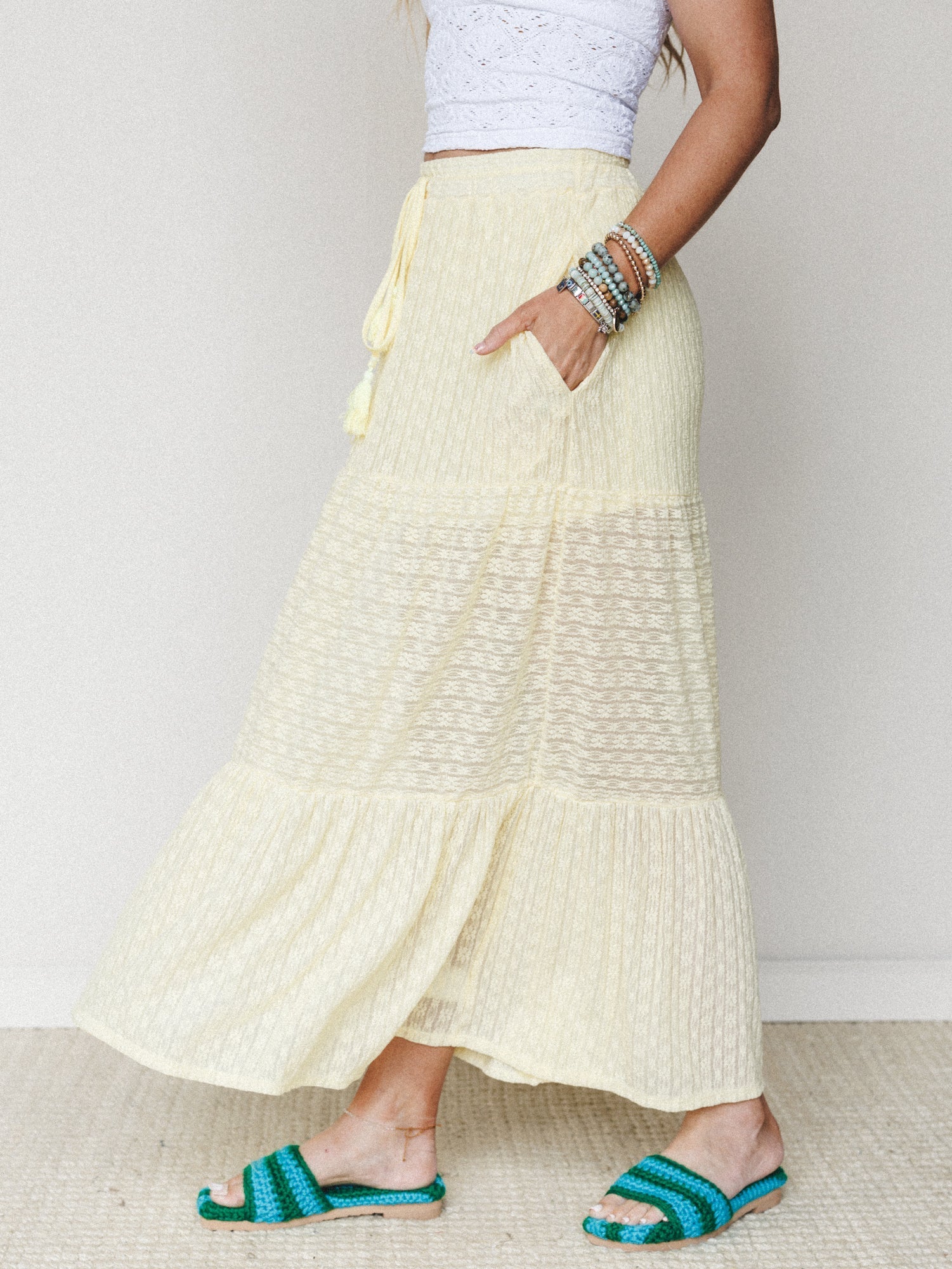 The Nest Golden Drift Tiered Maxi Skirt - Yellow
