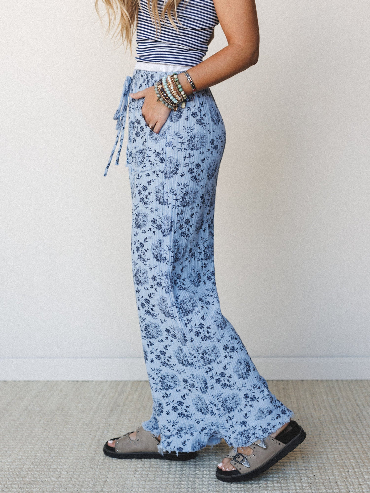 The Nest Sandra Wide Leg Ruffle Pant - Baby Blue