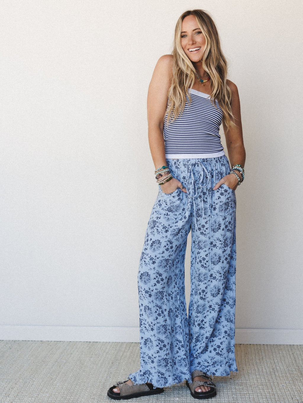 The Nest Sandra Wide Leg Ruffle Pant - Baby Blue