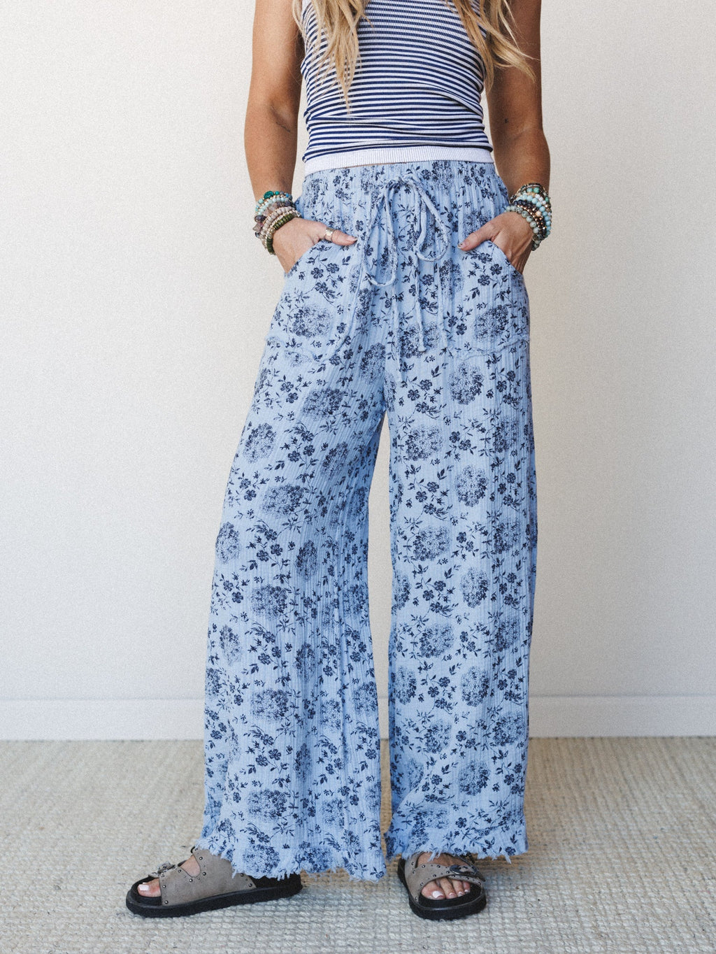 The Nest Sandra Wide Leg Ruffle Pant - Baby Blue