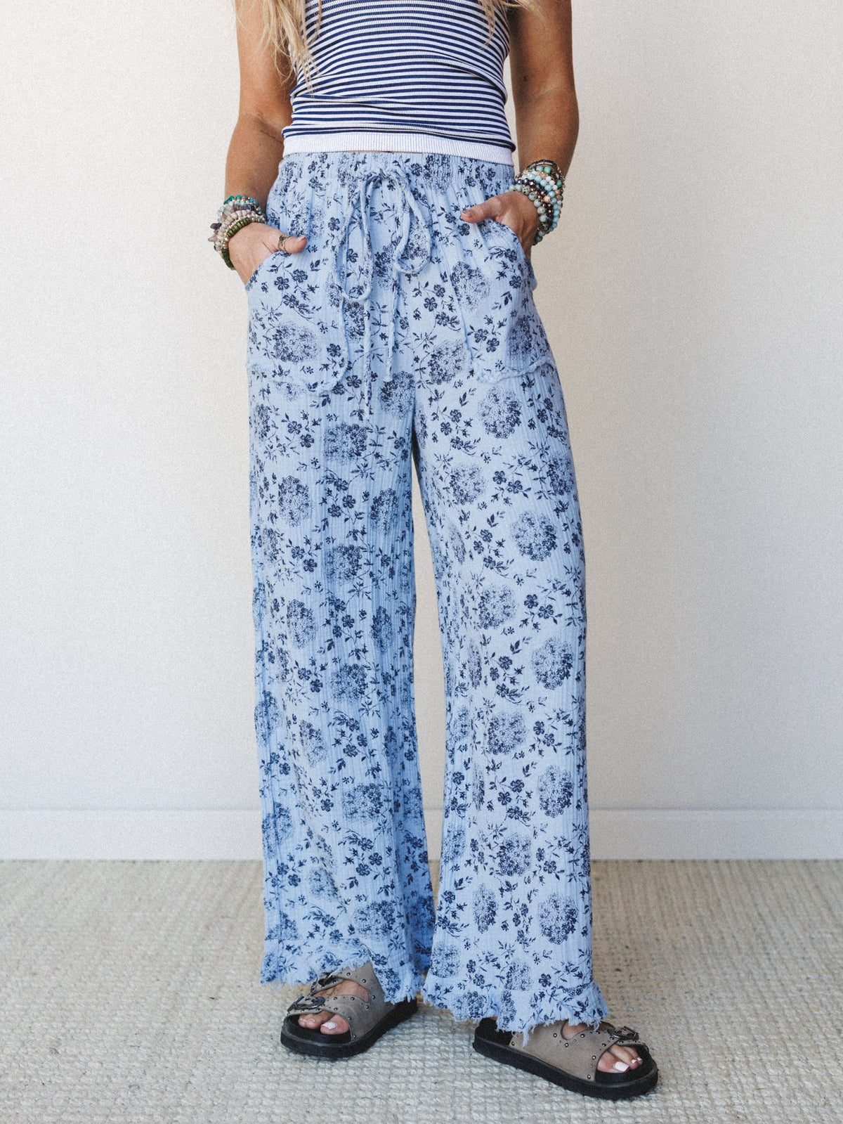 The Nest Sandra Wide Leg Ruffle Pant - Baby Blue
