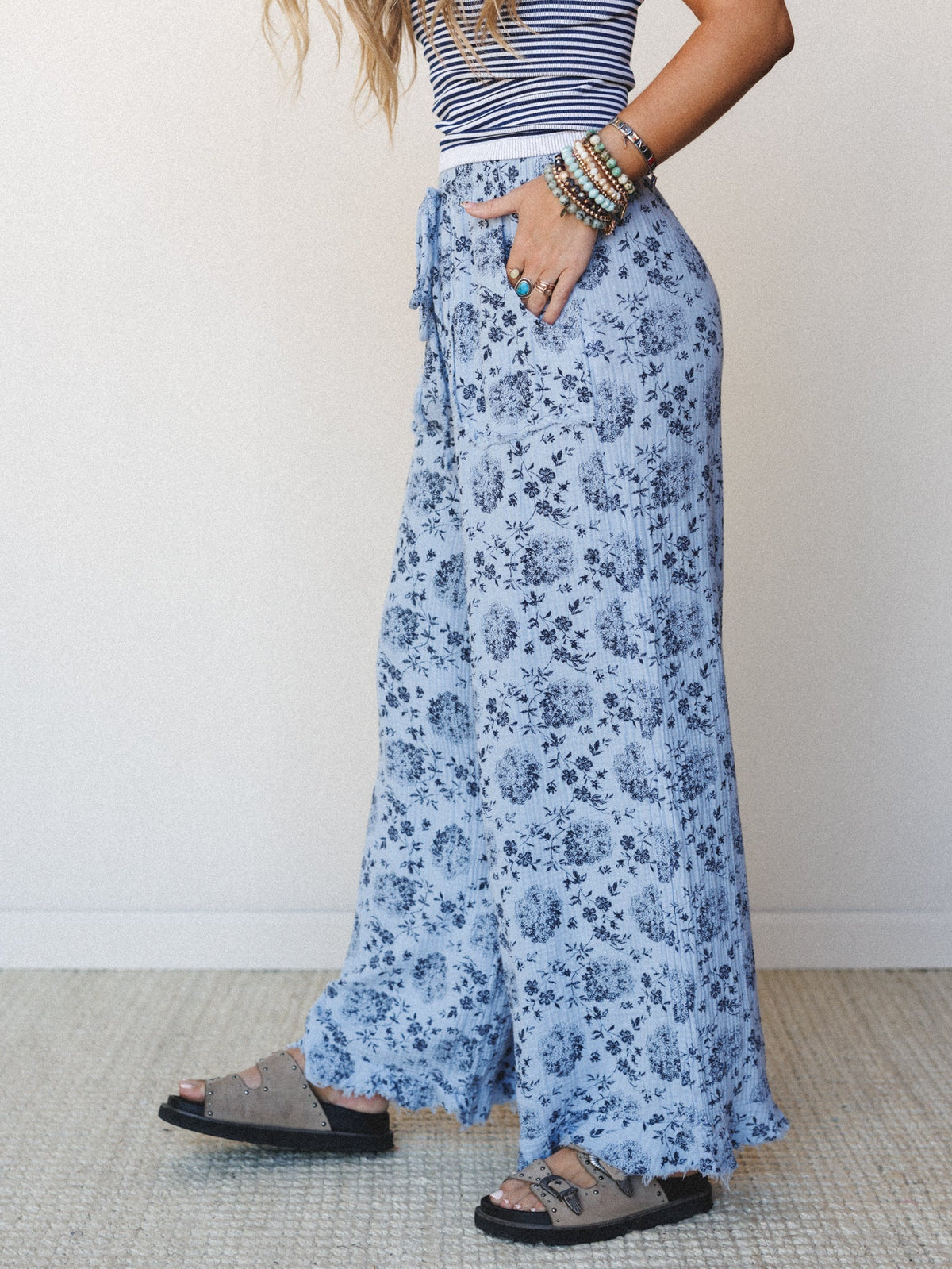 The Nest Sandra Wide Leg Ruffle Pant - Baby Blue