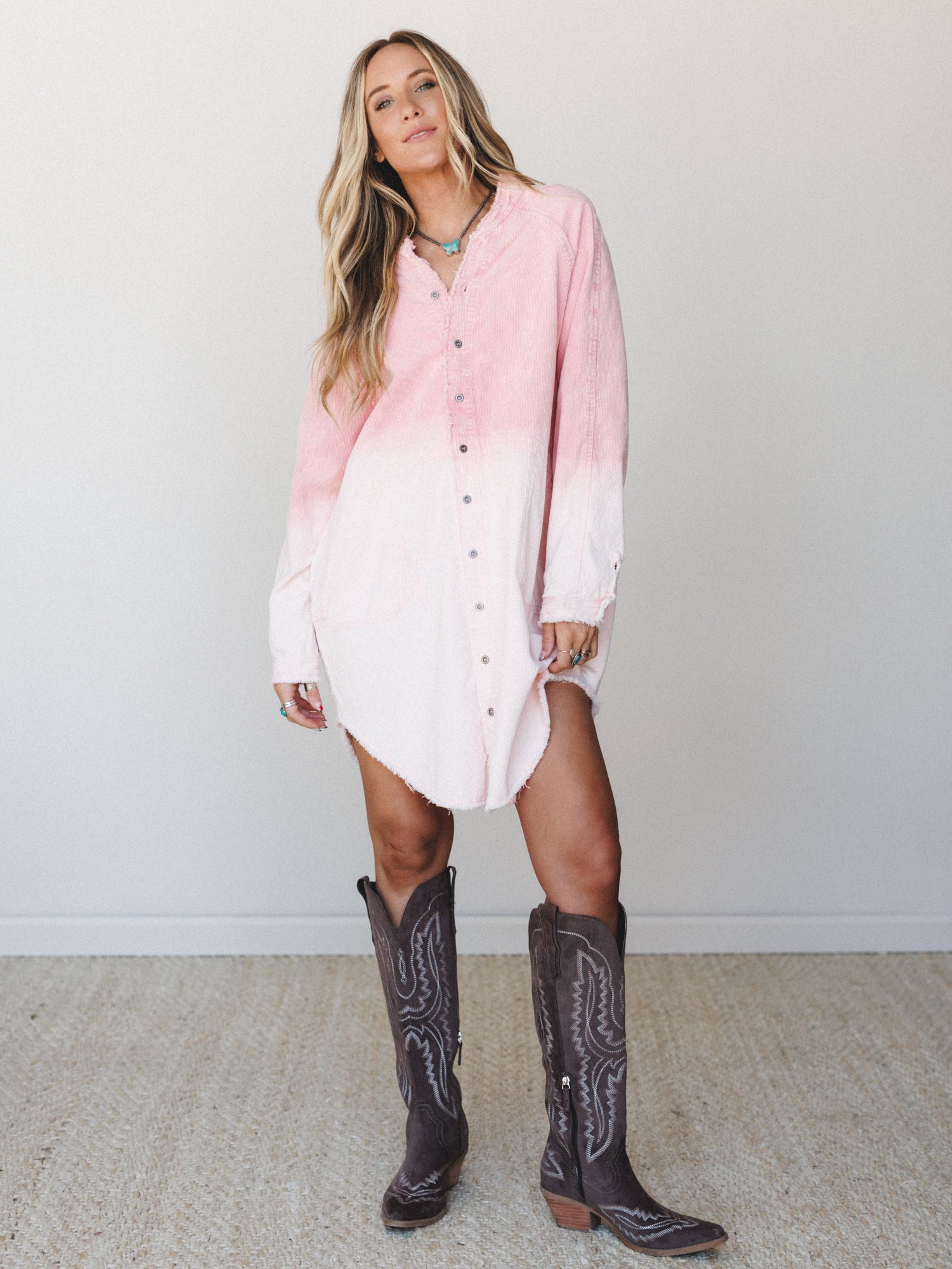 All You Do Tie Dye Corduroy Tunic Dress - Pink Dip Dye