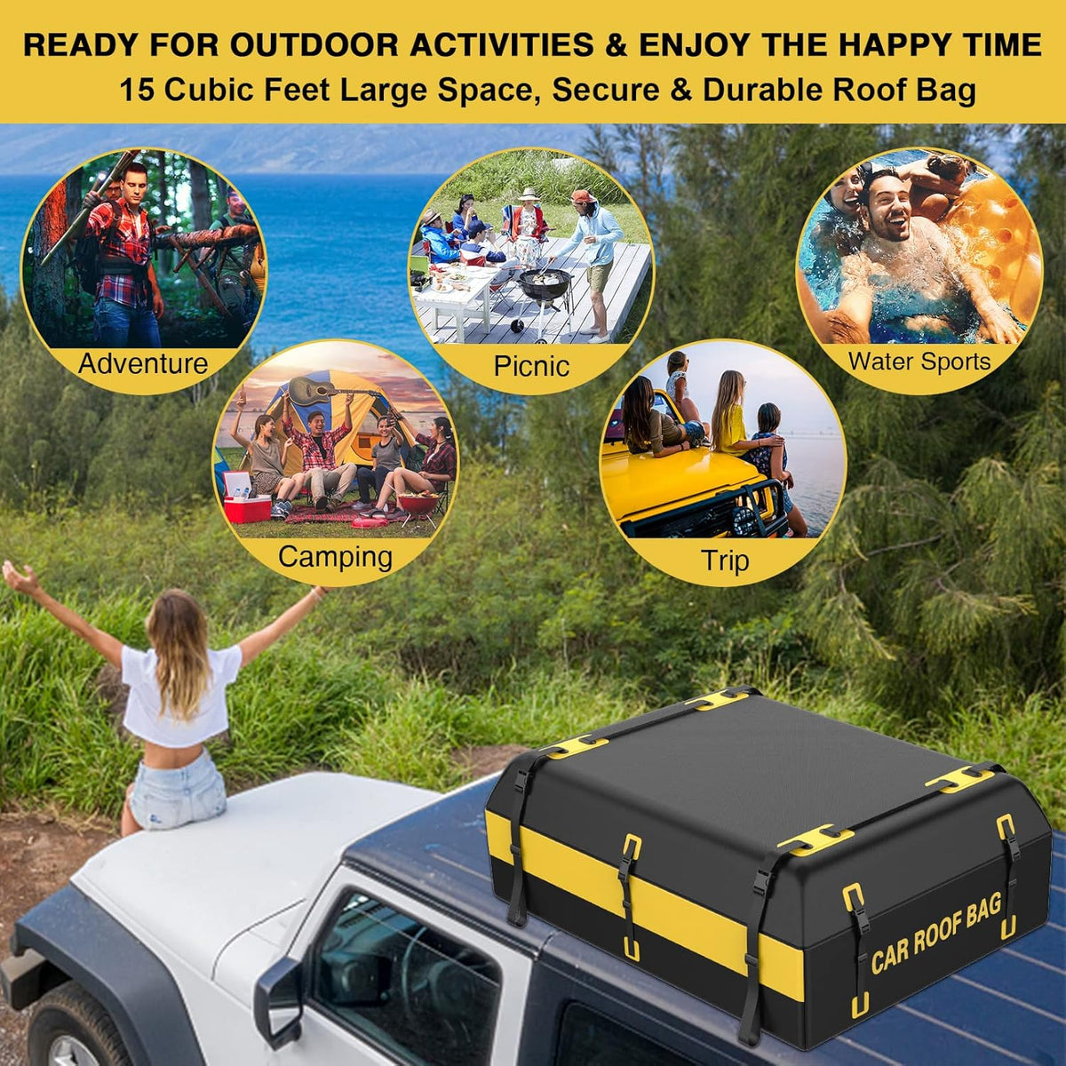 15 Cubic Feet Waterproof Rooftop Cargo Carrier with Anti-Slip Mat V597
