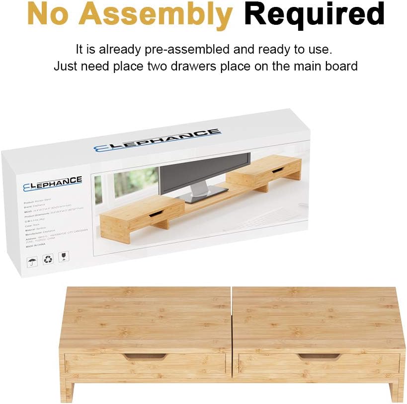 Dual Monitor Stand Riser with 2 Extra Drawers, Bamboo, Pack of 2 I859052