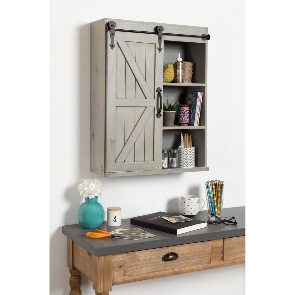 Rustic Brown Black Wood Wall Storage Cabinet with Sliding Barn Door O4626