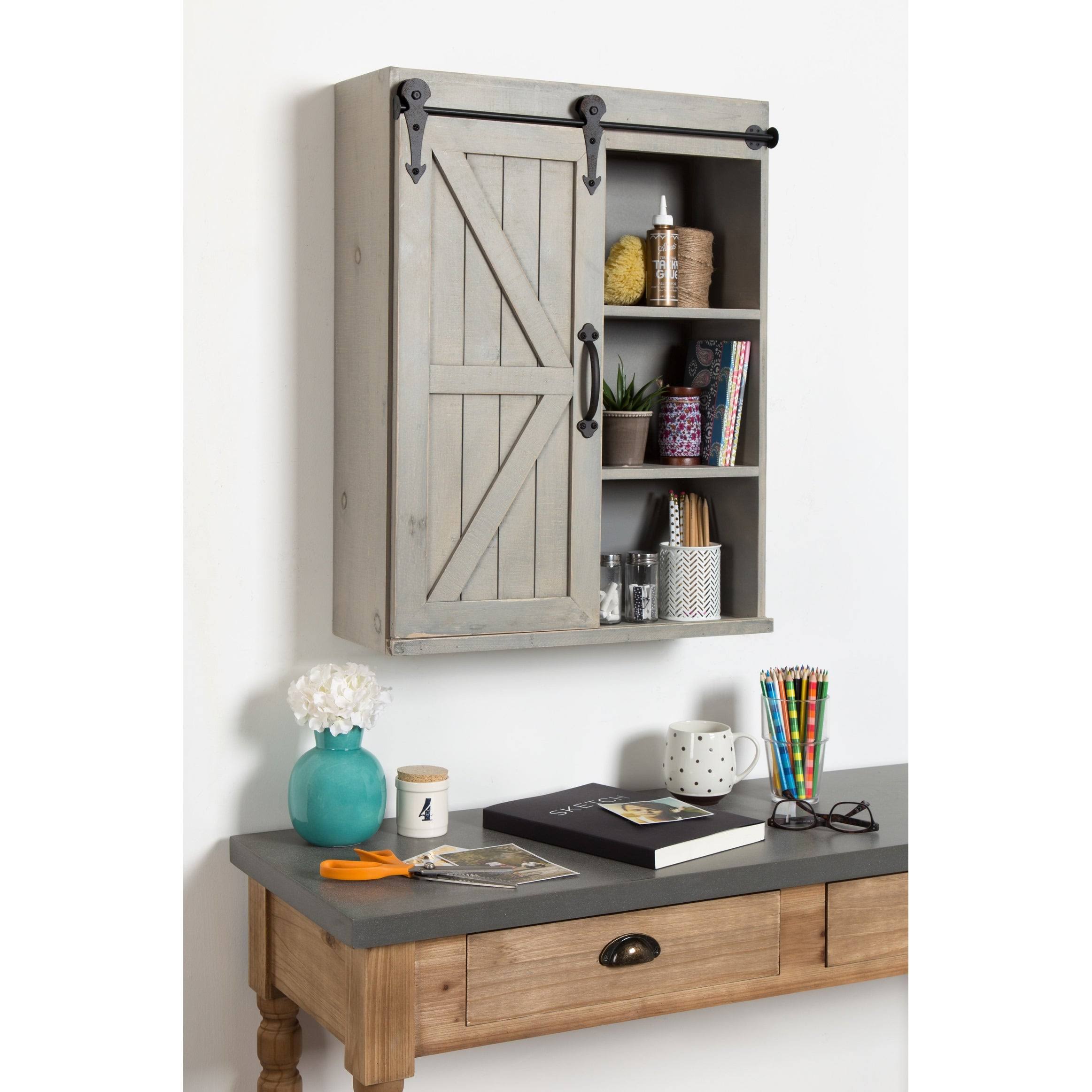 Rustic Brown Black Wood Wall Storage Cabinet with Sliding Barn Door O4626