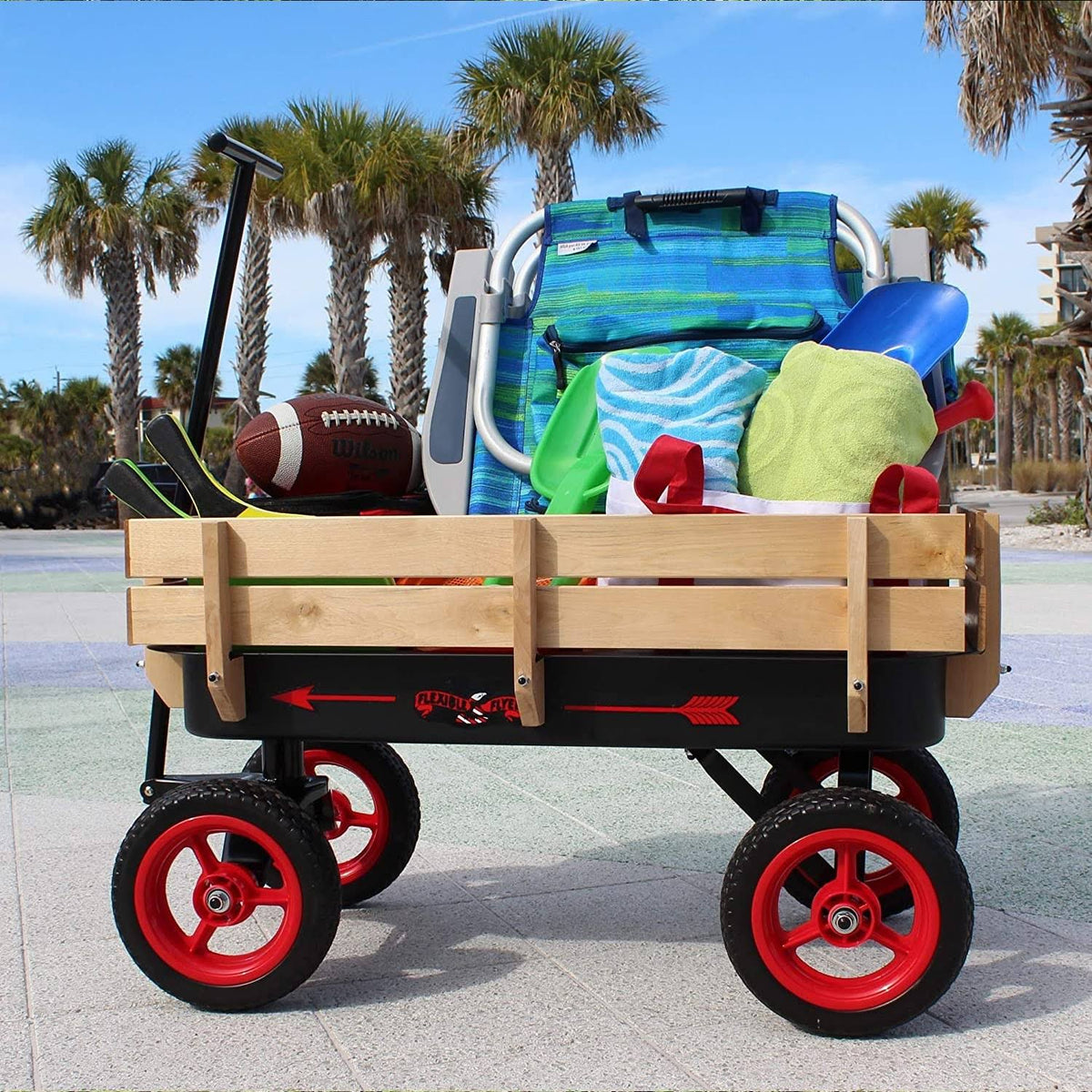 Black and Red Wood and Steel Wagon with Handle F8323