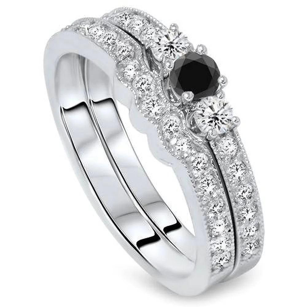10K White Gold Three Stone Black Diamond Engagement Ring Set L454
