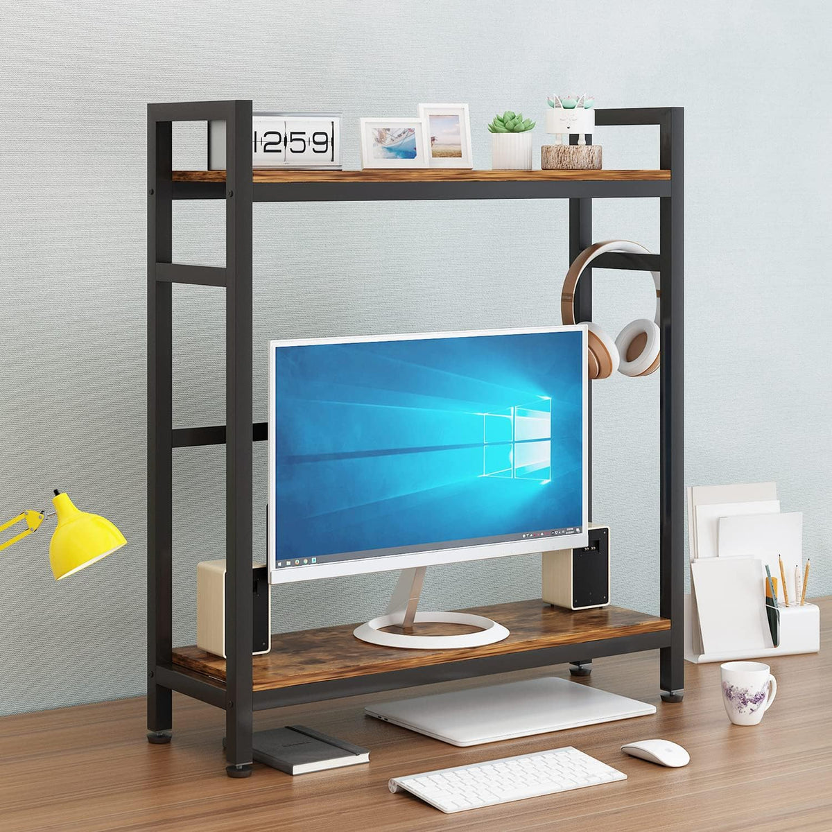 2-Tier Brown Wood Desktop Bookcase E89715
