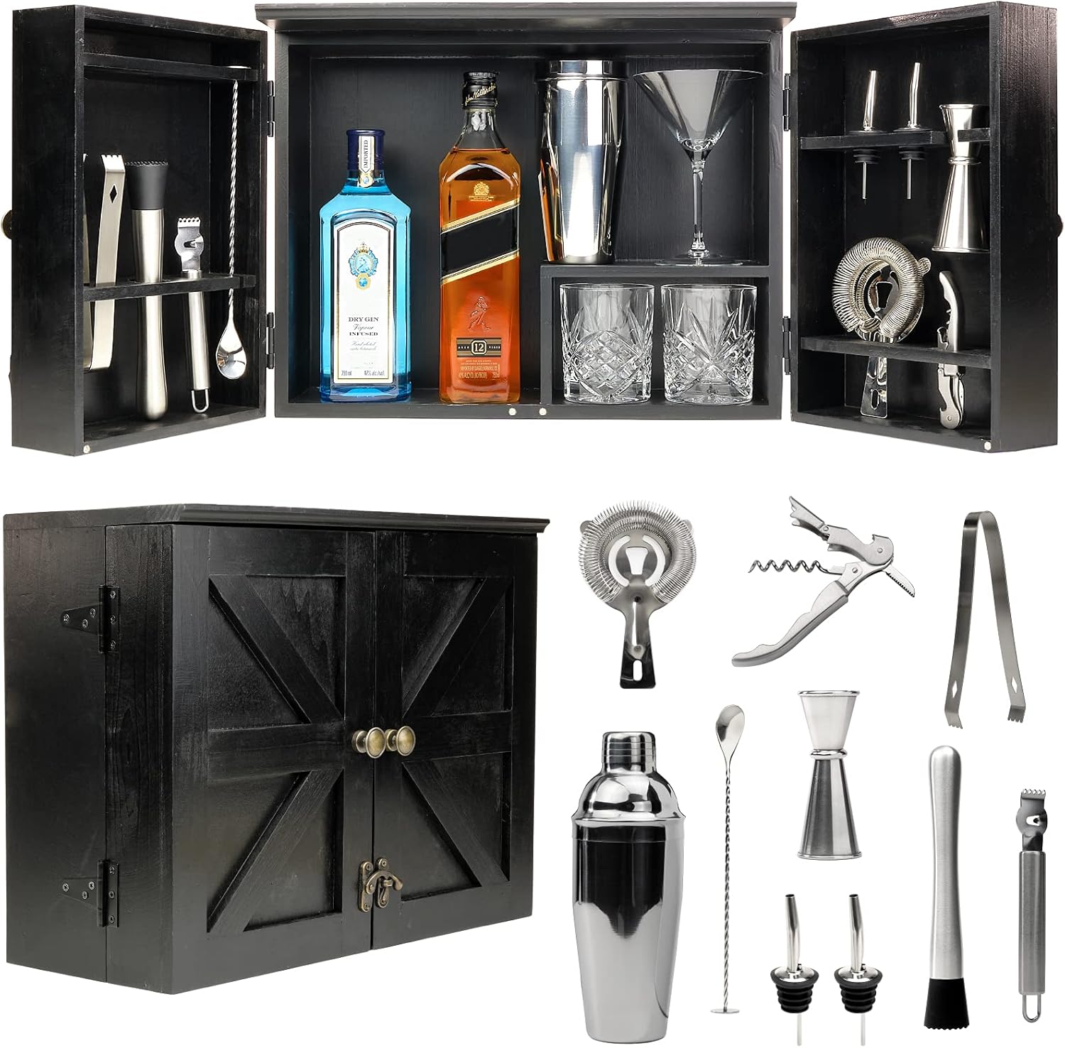 Rustic Brown Bar Cabinet with 12 Piece Bar Tool Set A10650