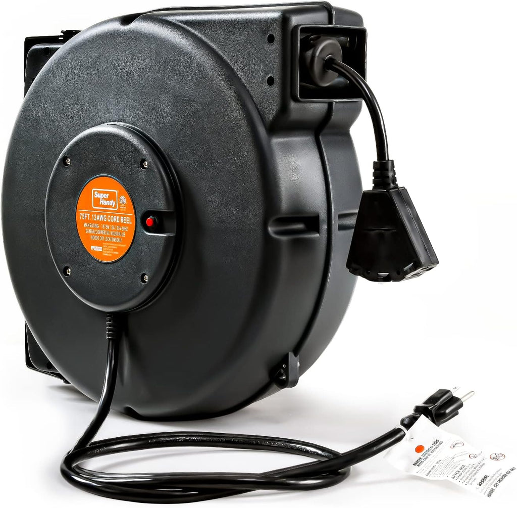 Extension Cord Reel Retractable 12AWG x 75' Feet Cable with Triple Tap Connector E997370
