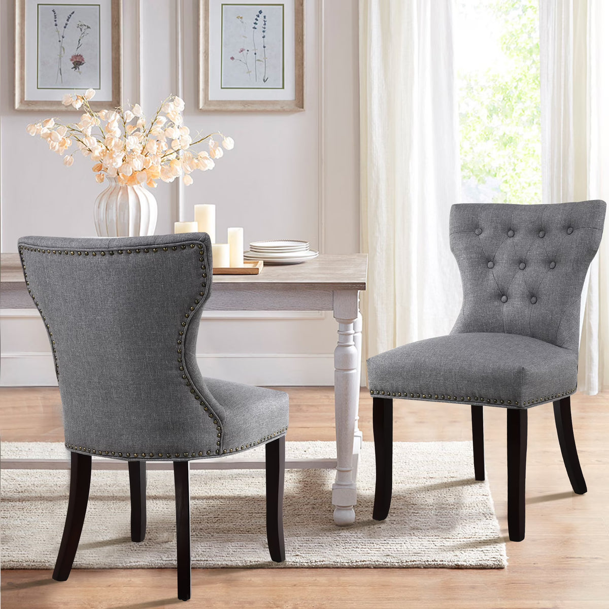 Gray Tufted Fabric Upholstered Wooden Dining Chair, Set of 2 A792