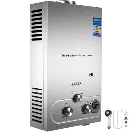 6L Propane Hot Water Heater Stainless Steel Shower Head Kit Wall-Mounted N1165