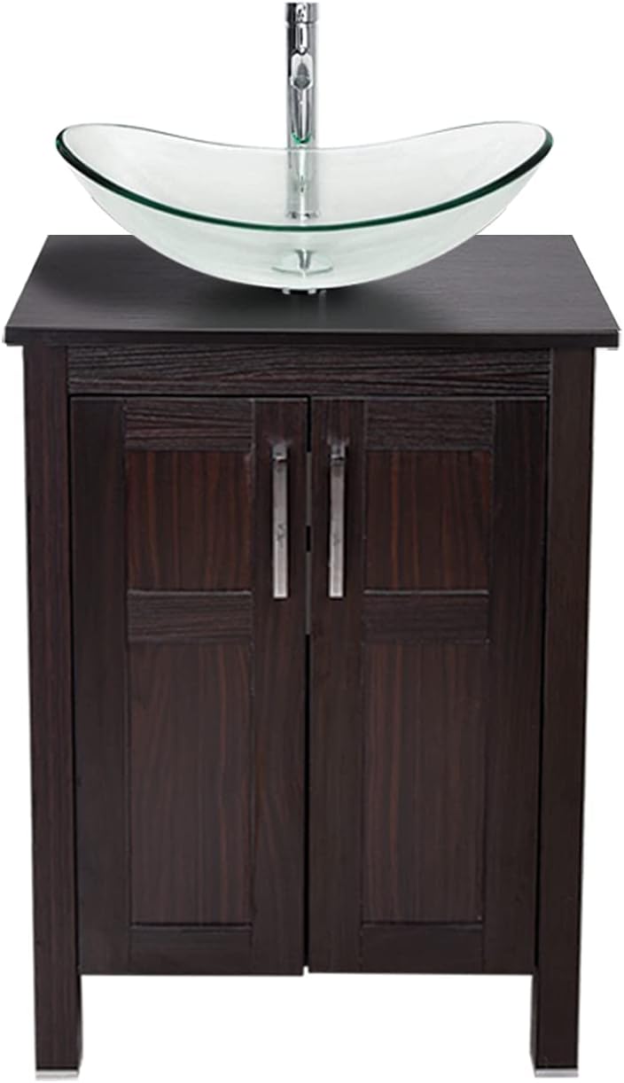 Dark Coffee 24 Inches Single Bathroom Vanity with 2-Door Cabinet and Tempered Glass Sink Top Y9583