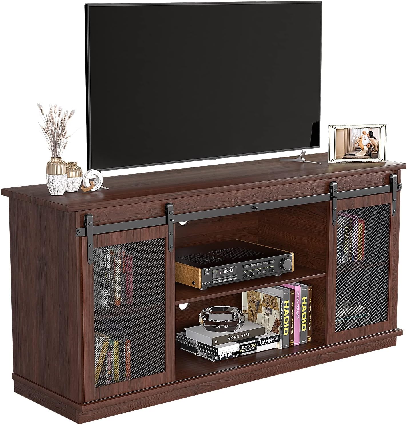 Farmhouse TV Stand with Sliding Barn Doors and Storage Cabinets (Brown) U120