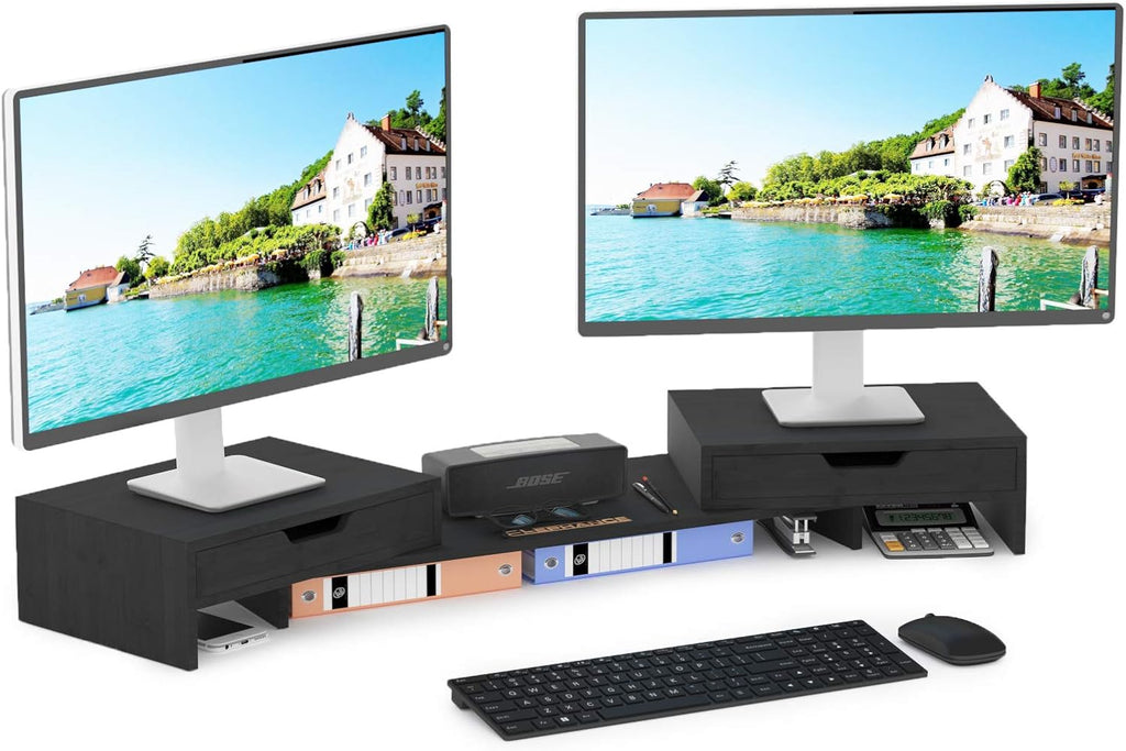 Dual Monitor Stand Riser with 2 Extra Drawers, Bamboo, Pack of 2 I859052