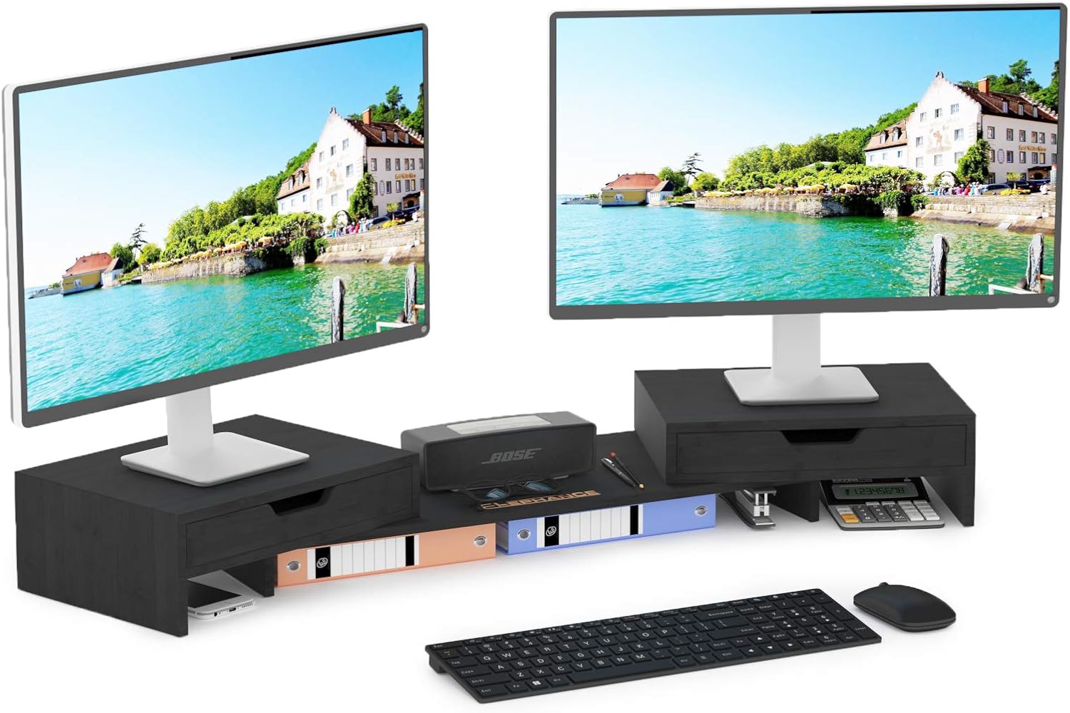 Dual Monitor Stand Riser with 2 Extra Drawers, Bamboo, Pack of 2 I859052